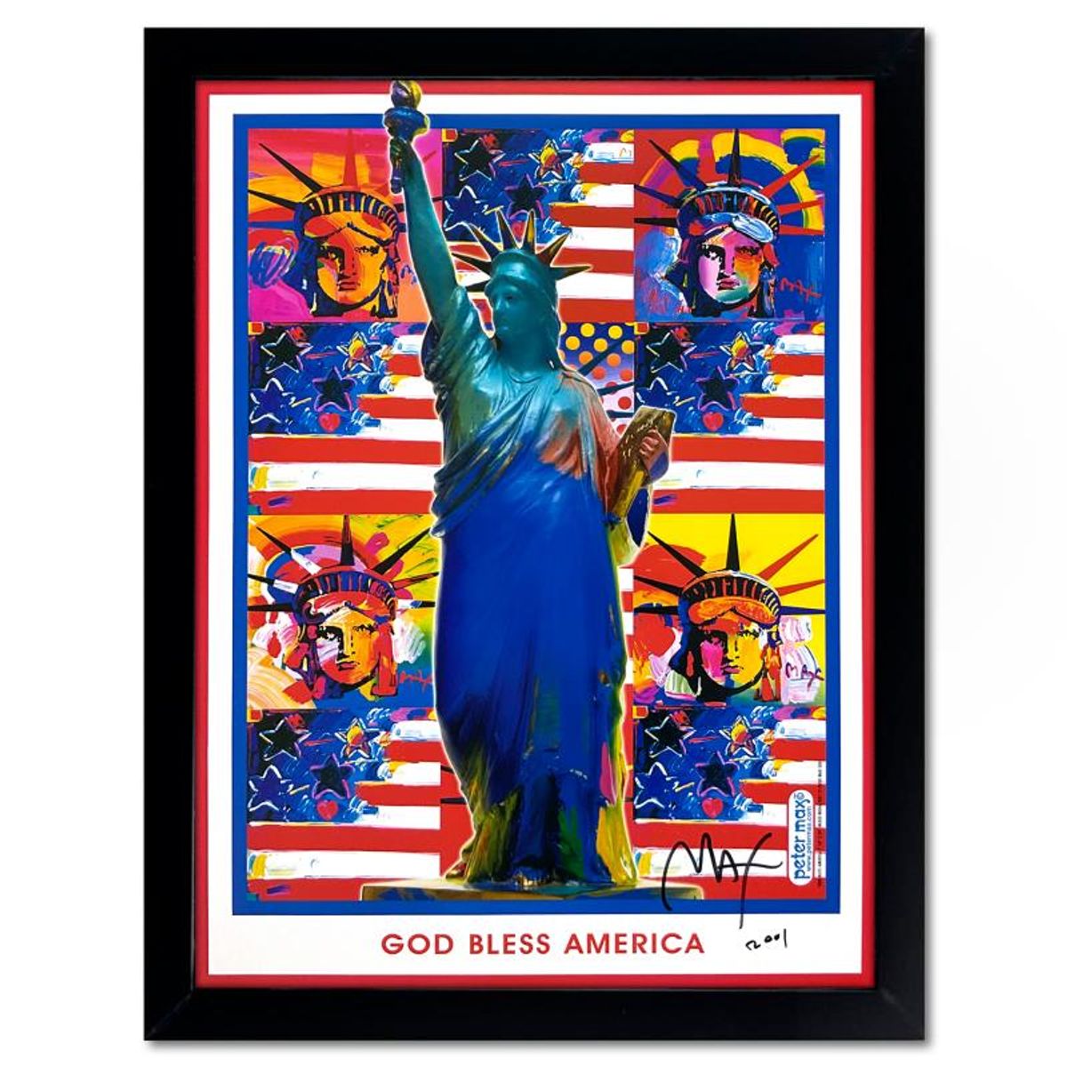 Peter Max, "9-11 God Bless America I" Framed Hand Signed Offset Lithograph with Letter of Authenticity.