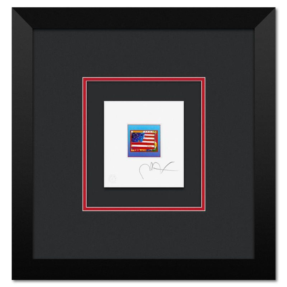 Peter Max, "Flag with Heart on Blue" Framed Limited Edition Lithograph, Numbered and Hand Signed with Certificate of Authenticity.
