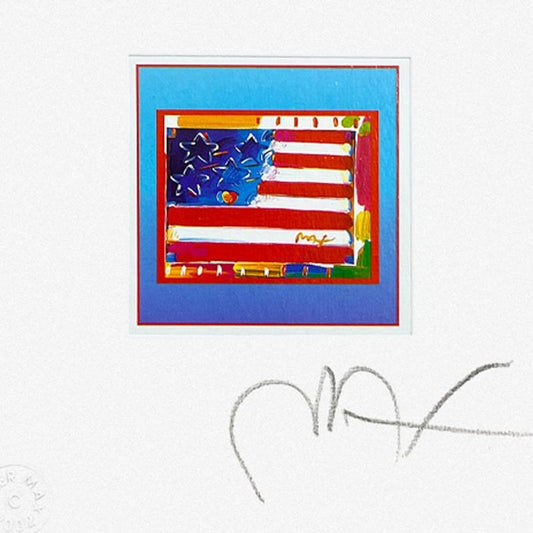 Peter Max, "Flag with Heart on Blue" Framed Limited Edition Lithograph, Numbered and Hand Signed with Certificate of Authenticity.