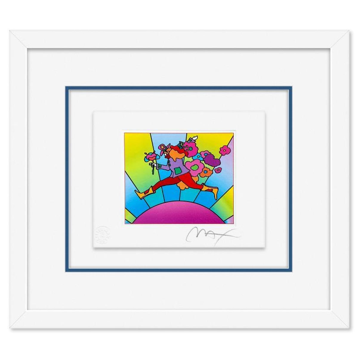 Peter Max, "Flower Jumper Over Sunrise on Blends I" Framed Limited Edition Lithograph, Numbered and Hand Signed with Certificate of Authenticity.