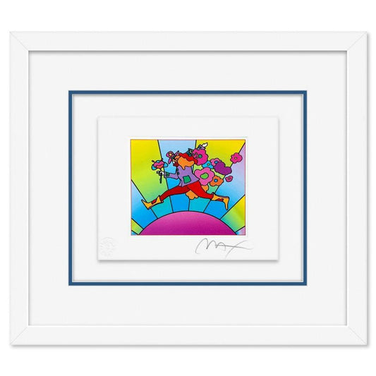 Peter Max, "Flower Jumper Over Sunrise on Blends I" Framed Limited Edition Lithograph, Numbered and Hand Signed with Certificate of Authenticity.