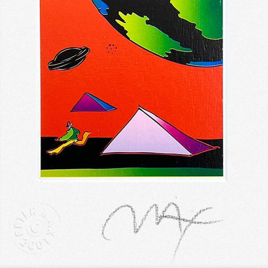 Peter Max, "Jumper with Two Pyramids" Framed Limited Edition Lithograph, Numbered and Hand Signed with Certificate of Authenticity.