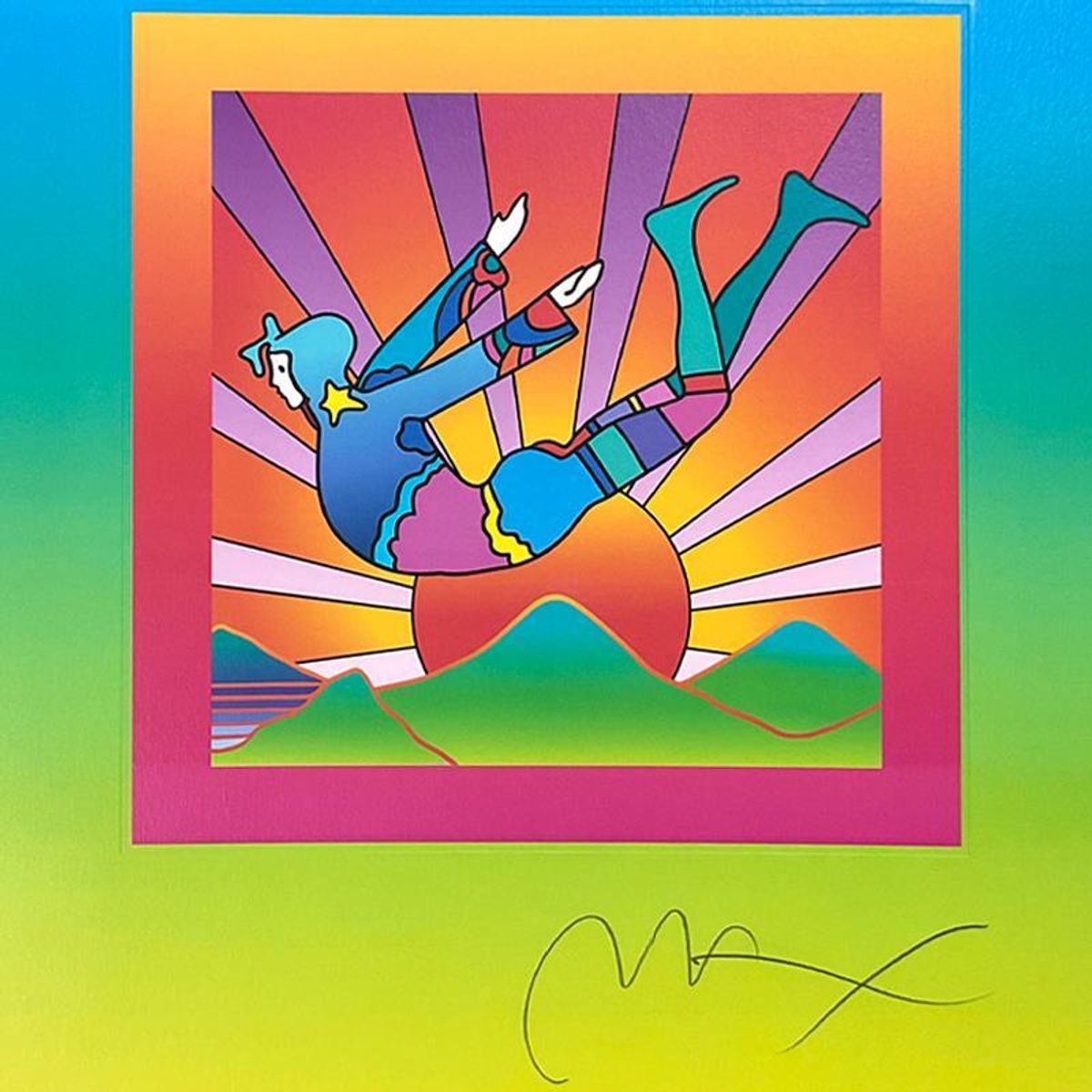 Peter Max, "Cosmic Flyer With Sun on Blends Ver II" Framed Limited Edition Lithograph, Numbered and Hand Signed with Certificate of Authenticity.