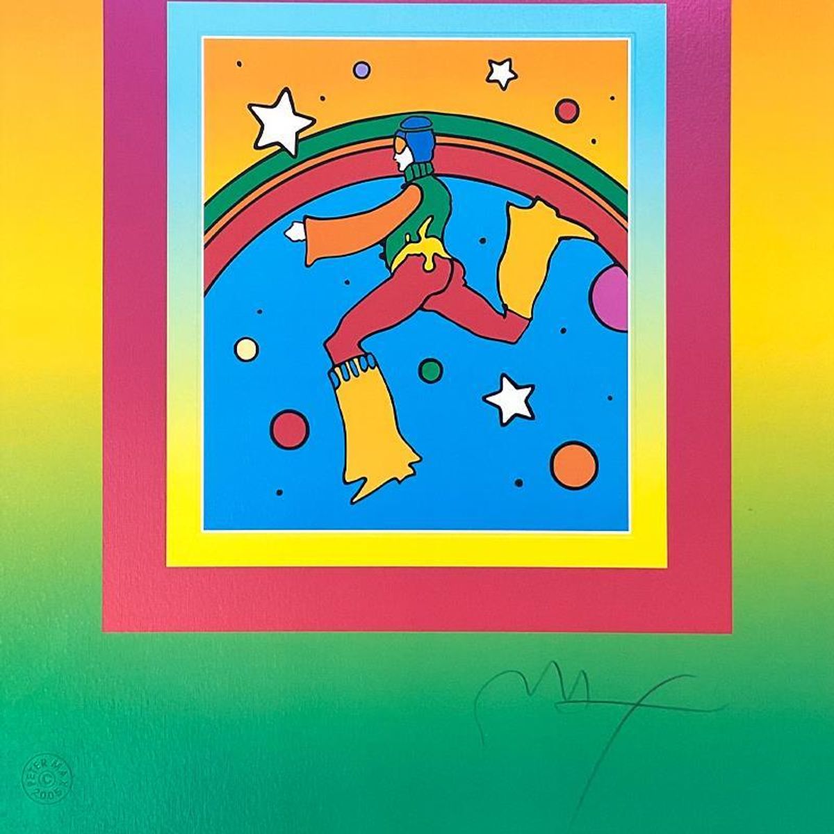 Peter Max, "Cosmic Jumper on Blends" Framed Limited Edition Lithograph, Numbered and Hand Signed with Certificate of Authenticity.