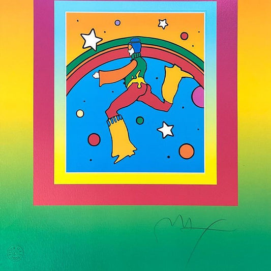 Peter Max, "Cosmic Jumper on Blends" Framed Limited Edition Lithograph, Numbered and Hand Signed with Certificate of Authenticity.