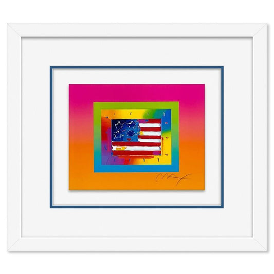 Peter Max, "Flag with Heart on Blends" Framed Limited Edition Lithograph, Numbered and Hand Signed with Certificate of Authenticity.