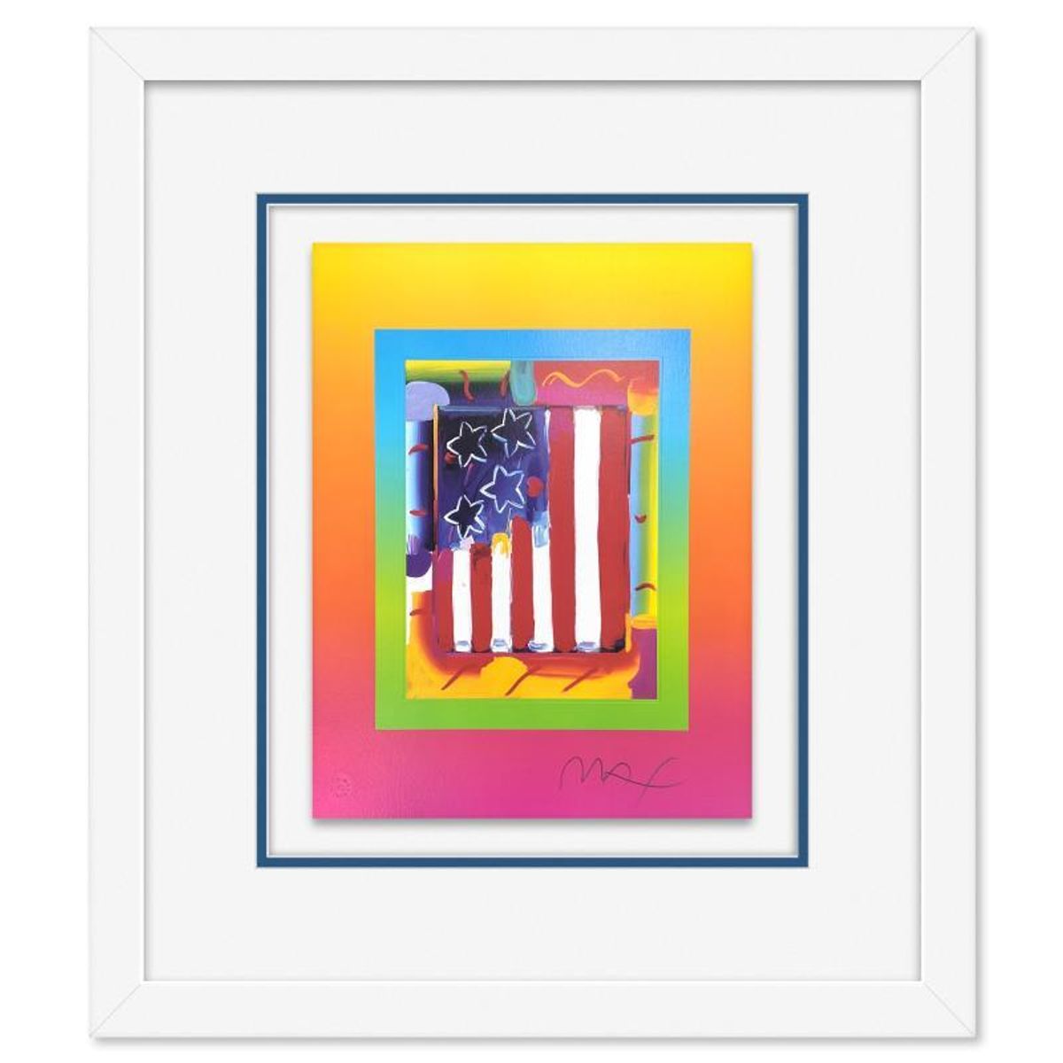 Peter Max, "Flag with Heart on Blends III" Framed Limited Edition Lithograph, Numbered and Hand Signed with Certificate of Authenticity.