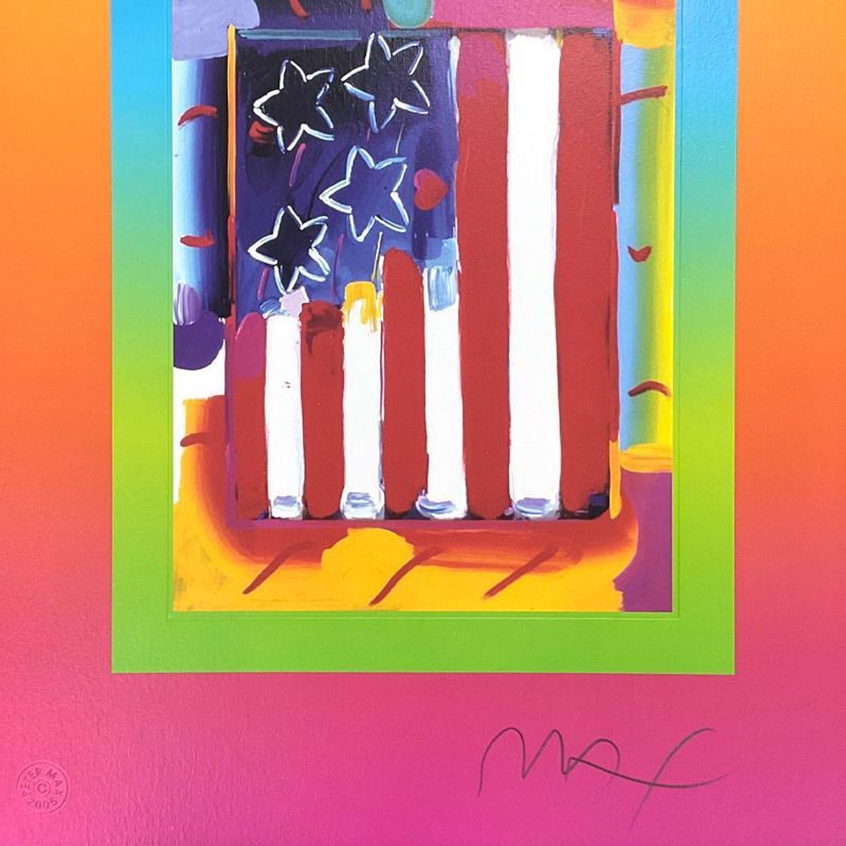 Peter Max, "Flag with Heart on Blends III" Framed Limited Edition Lithograph, Numbered and Hand Signed with Certificate of Authenticity.