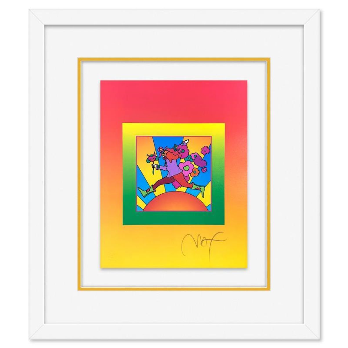 Peter Max, "Flower Jumper Over Sunrise on Blends II" Framed Limited Edition Lithograph, Numbered and Hand Signed with Certificate of Authenticity.