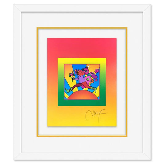 Peter Max, "Flower Jumper Over Sunrise on Blends II" Framed Limited Edition Lithograph, Numbered and Hand Signed with Certificate of Authenticity.