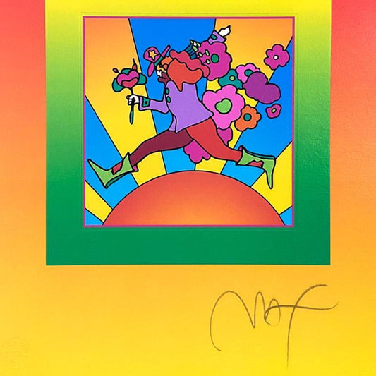 Peter Max, "Flower Jumper Over Sunrise on Blends II" Framed Limited Edition Lithograph, Numbered and Hand Signed with Certificate of Authenticity.