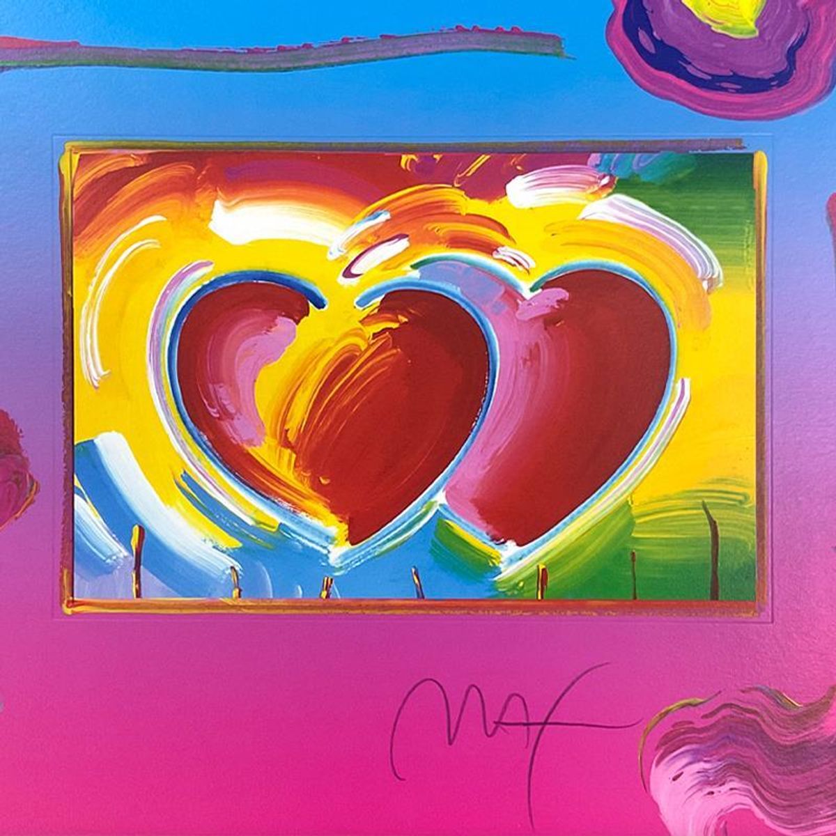 Peter Max, "Two Hearts on Blends" Framed Limited Edition Lithograph, Numbered and Hand Signed with Certificate of Authenticity.