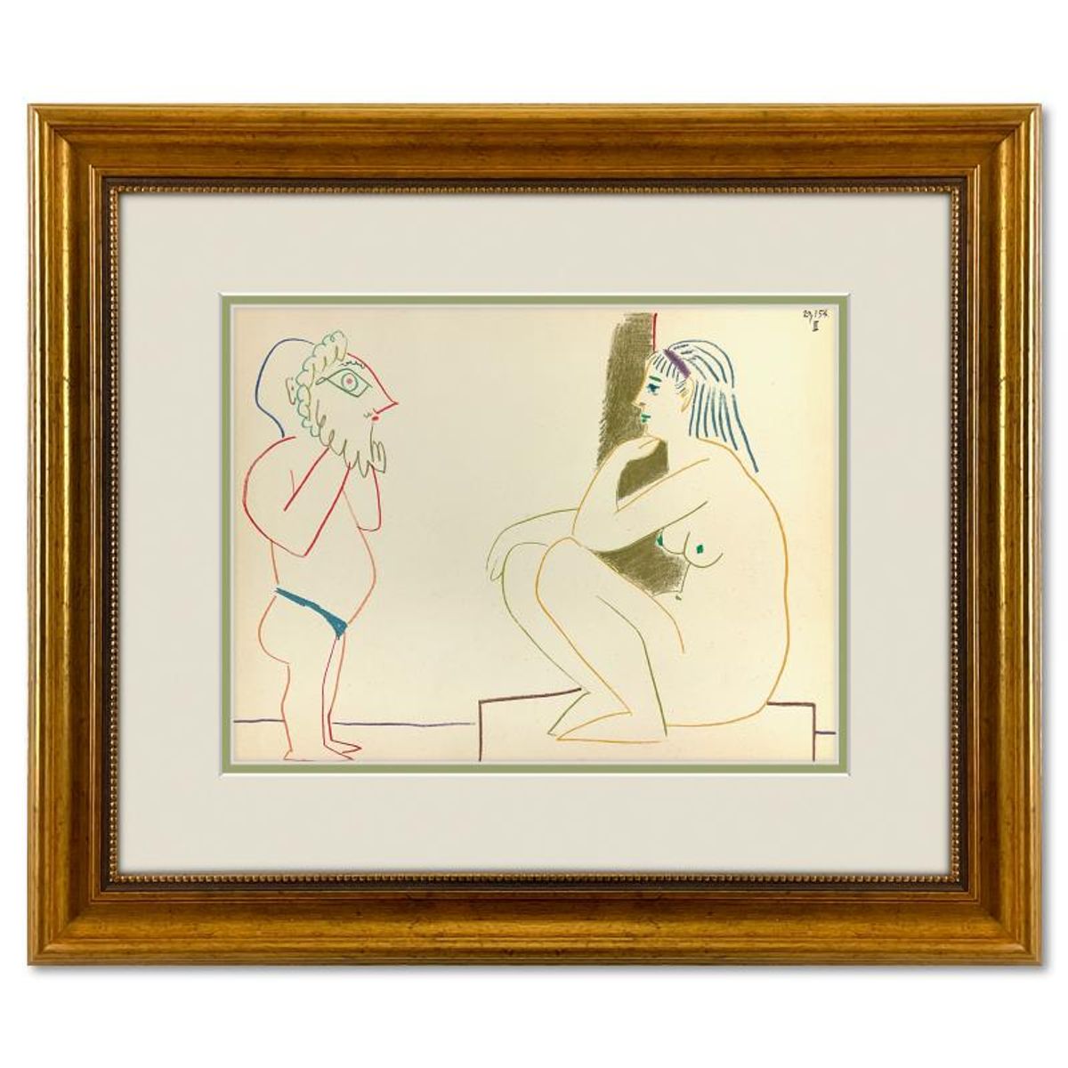 Pablo Picasso (1881-1973), "La Comedie Humaine 29.1.54-III" Framed Vintage Lithograph on Paper with Letter of Authenticity.