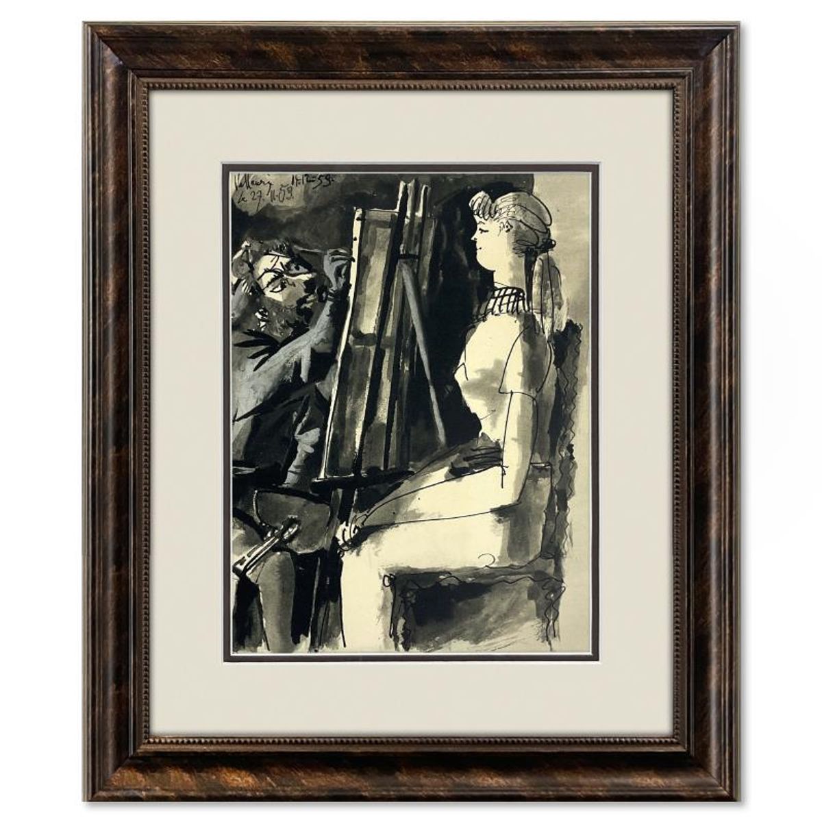 Pablo Picasso (1881-1973), "La Comedie Humaine 14.12.59" Framed Vintage Lithograph on Paper with Letter of Authenticity.