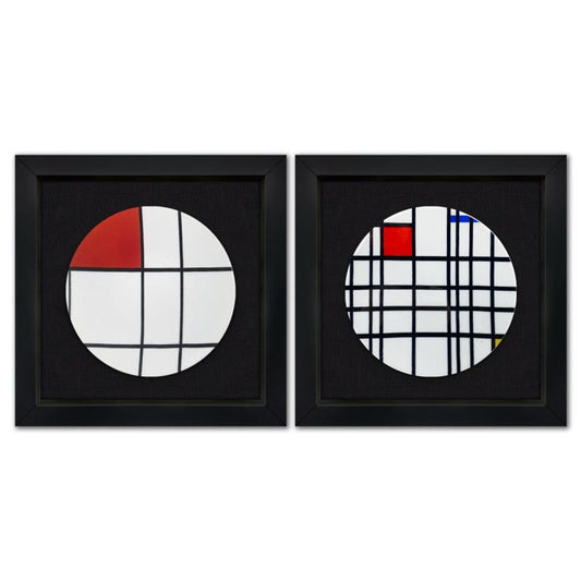 Piet Mondrian (1872-1944), "Composition with Yellow, Blue & Red and Composition B with Red" Framed Limoges Porcelain Plate Set.