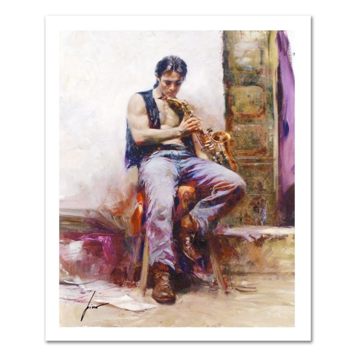 Pino (1939-2010), "Music Lover" Limited Edition on Canvas, Numbered and Hand Signed with Certificate of Authenticity.