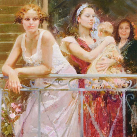 Pino (1939-2010), "Waiting on the Balcony" Hand Embellished Limited Edition on Canvas (48" x 36"), Numbered and Hand Signed with Certificate of Authenticity.