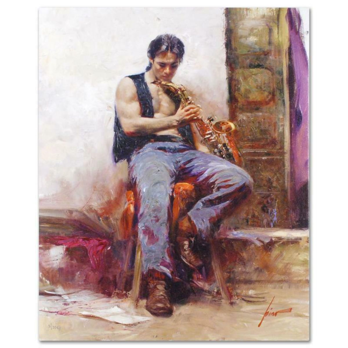 Pino (1939-2010), "Music Lover" Hand Embellished Limited Edition on Canvas, Numbered and Hand Signed with Certificate of Authenticity.