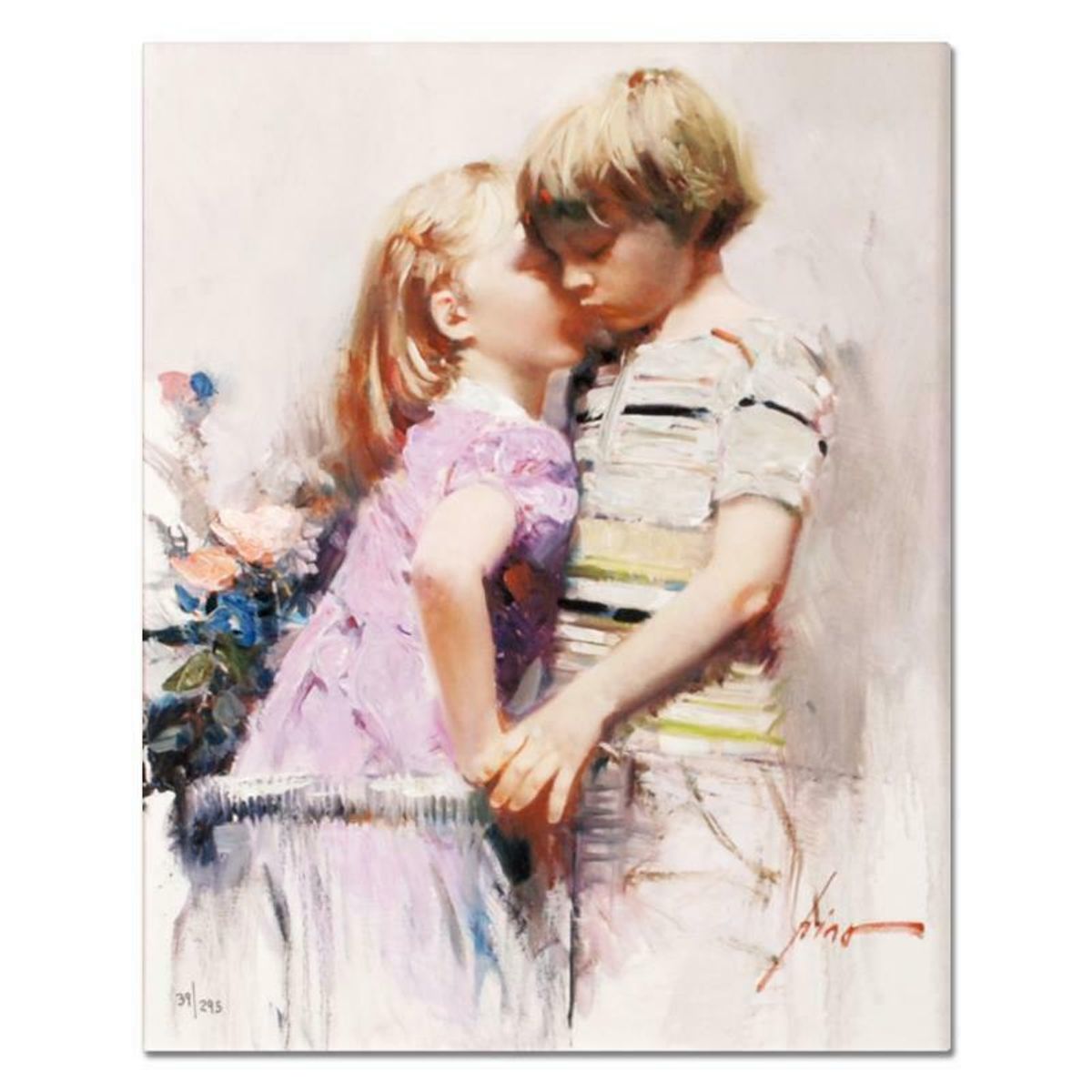 Pino (1939-2010), "The Kiss" Hand Embellished Limited Edition on Canvas, Numbered and Hand Signed with Certificate of Authenticity.