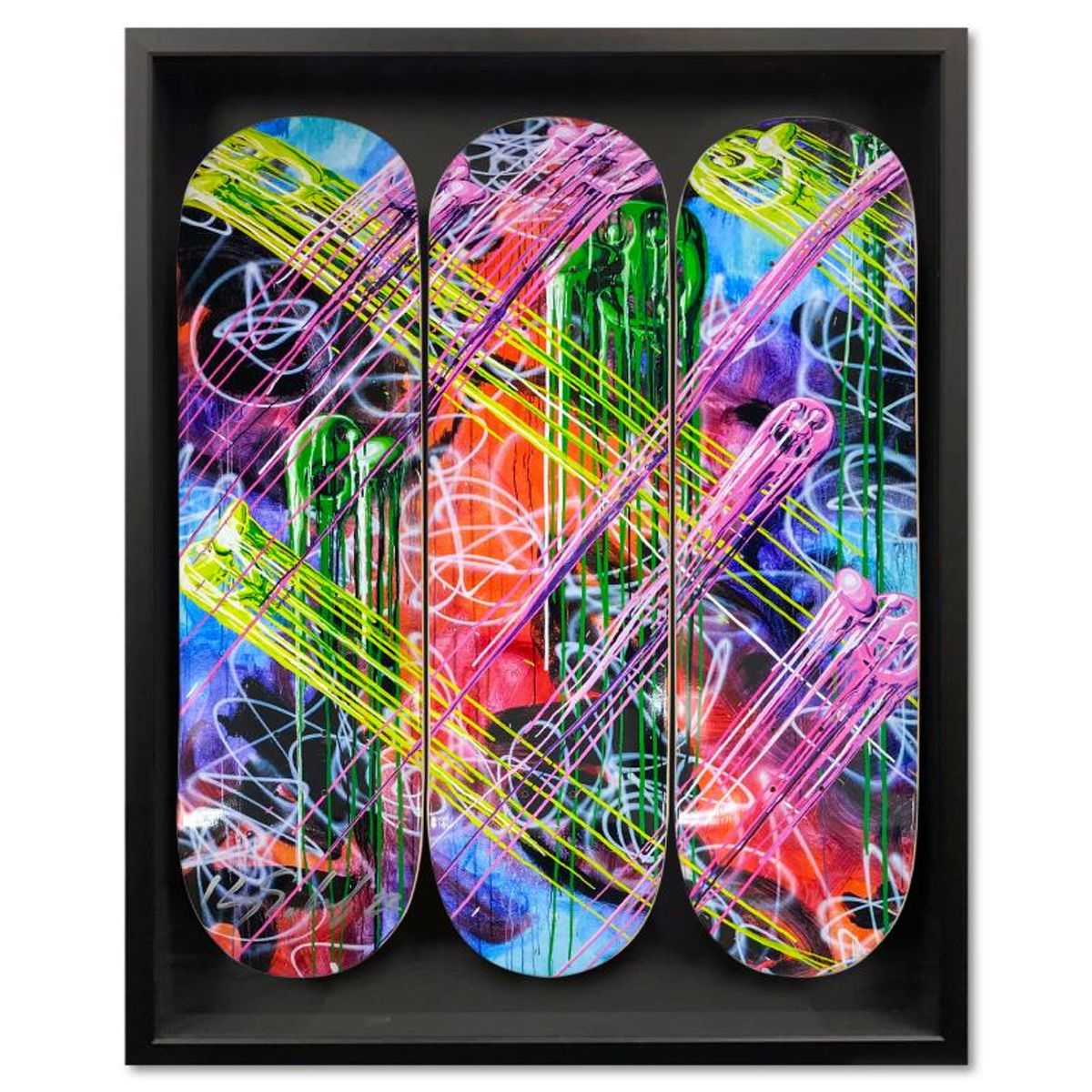 Kenny Scharf, "Drip City" Framed Limited Edition Skateboard Triptych, Hand Signed with Letter of Authenticity