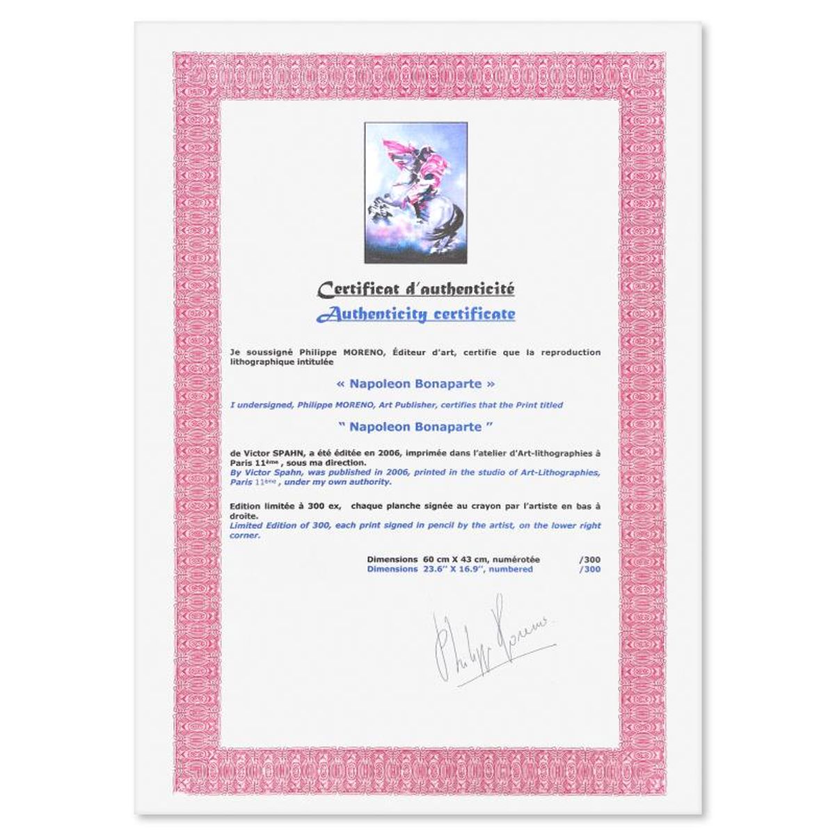 Victor Spahn, "Bonaparte" hand signed limited edition lithograph with Certificate of Authenticity.