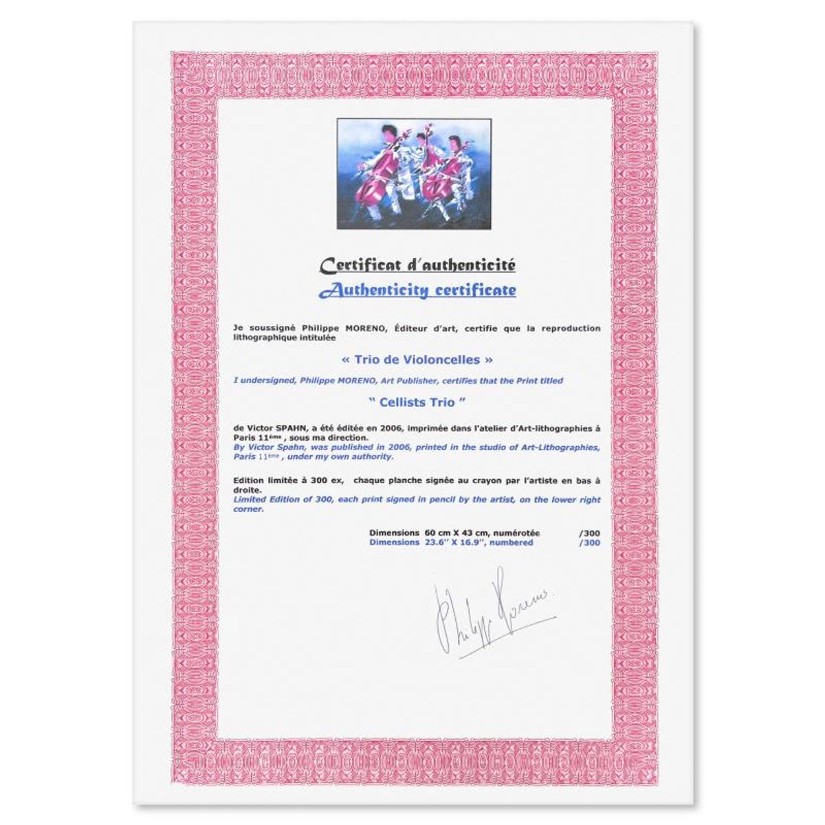 Victor Spahn, "Cellists Trio" hand signed limited edition lithograph with Certificate of Authenticity.