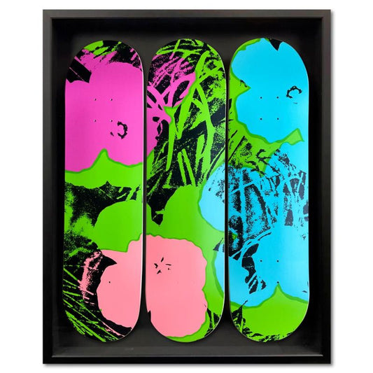 Warhol (1928-1987), "Flowers - Green/Pink" Framed Limited Edition Skateboard Triptych, Numbered and Plate Signed with Letter of Authenticity.