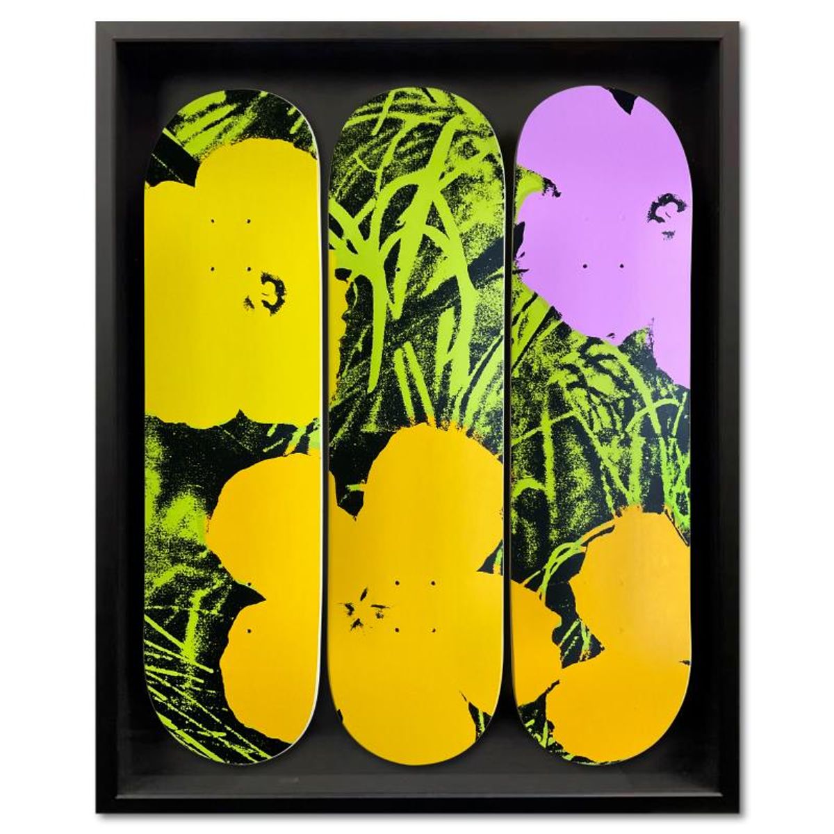 Warhol (1928-1987), "Flowers - Lime/Orange" Framed Limited Edition Skateboard Triptych, Numbered and Plate Signed with Letter of Authenticity.