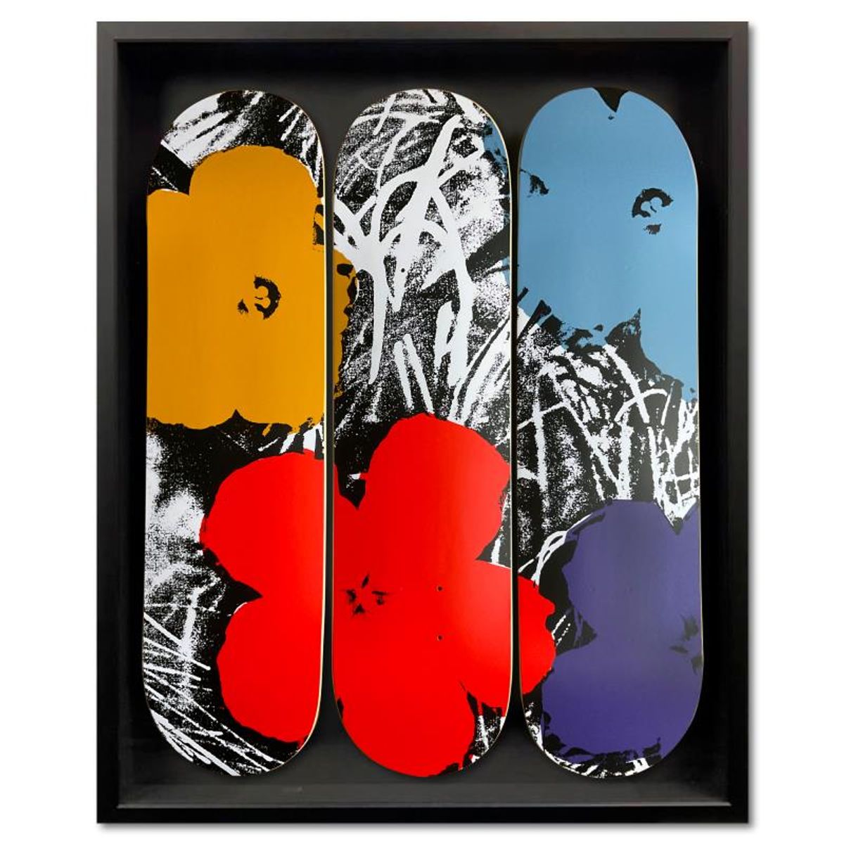 Warhol (1928-1987), "Flowers - Grey/Red" Framed Limited Edition Skateboard Triptych, Plate Signed with Letter of Authenticity.