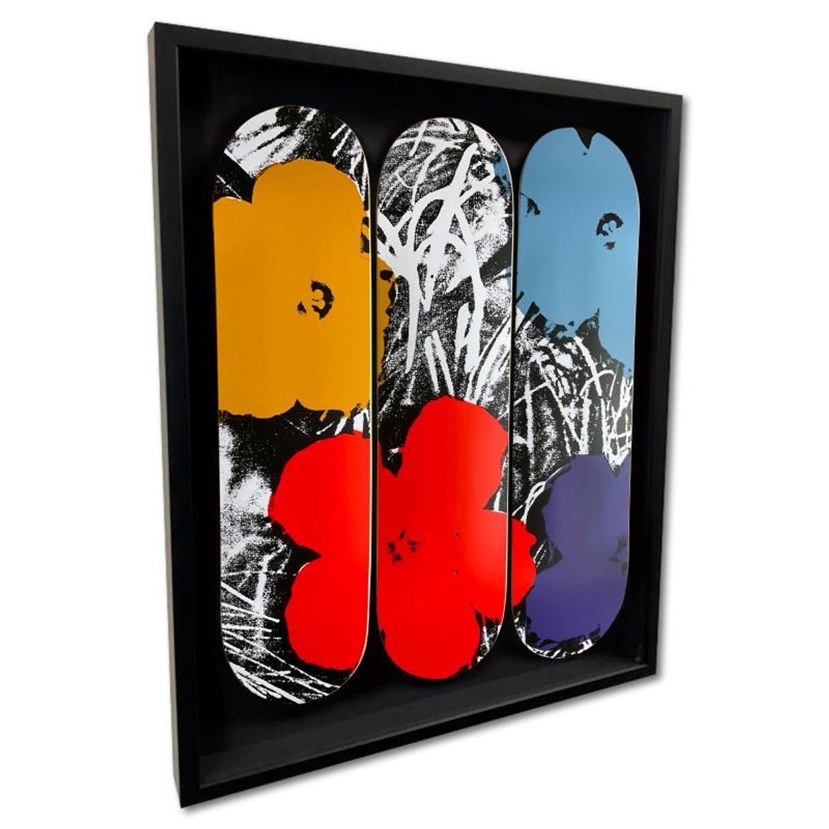 Warhol (1928-1987), "Flowers - Grey/Red" Framed Limited Edition Skateboard Triptych, Plate Signed with Letter of Authenticity.