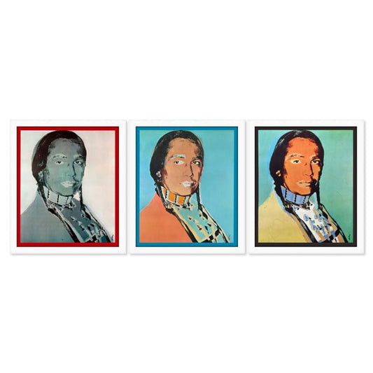 Andy Warhol (1928-1987), "The American Indian Series 3 Piece Set (Red 1976, Blue 1977 & Black 1976)" Framed Vintage Lithographs from Ace Gallery with Letter of Authenticity.