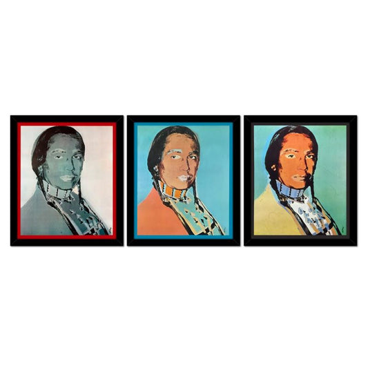Andy Warhol (1928-1987), "The American Indian Series 3 Piece Set (Red 1976, Blue 1977 & Black 1976)" Framed Vintage Lithographs from Ace Gallery with Letter of Authenticity.