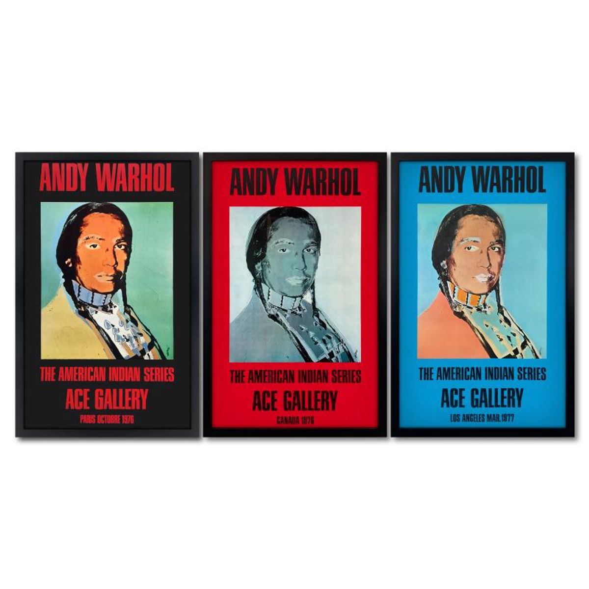 Andy Warhol (1928-1987), "The American Indian Series 3 Piece Set (Black, Red & Blue)" Framed Vintage Posters (33" x 51") from Ace Gallery with Letter of Authenticity.