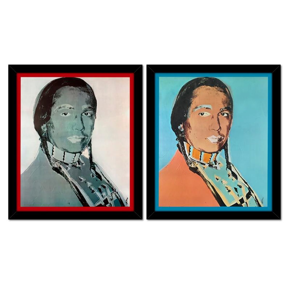 Andy Warhol (1928-1987), "The American Indian Series 2 Piece Set (Red 1976 & Blue 1977)" Framed Vintage Lithographs from Ace Gallery with Letter of Authenticity.