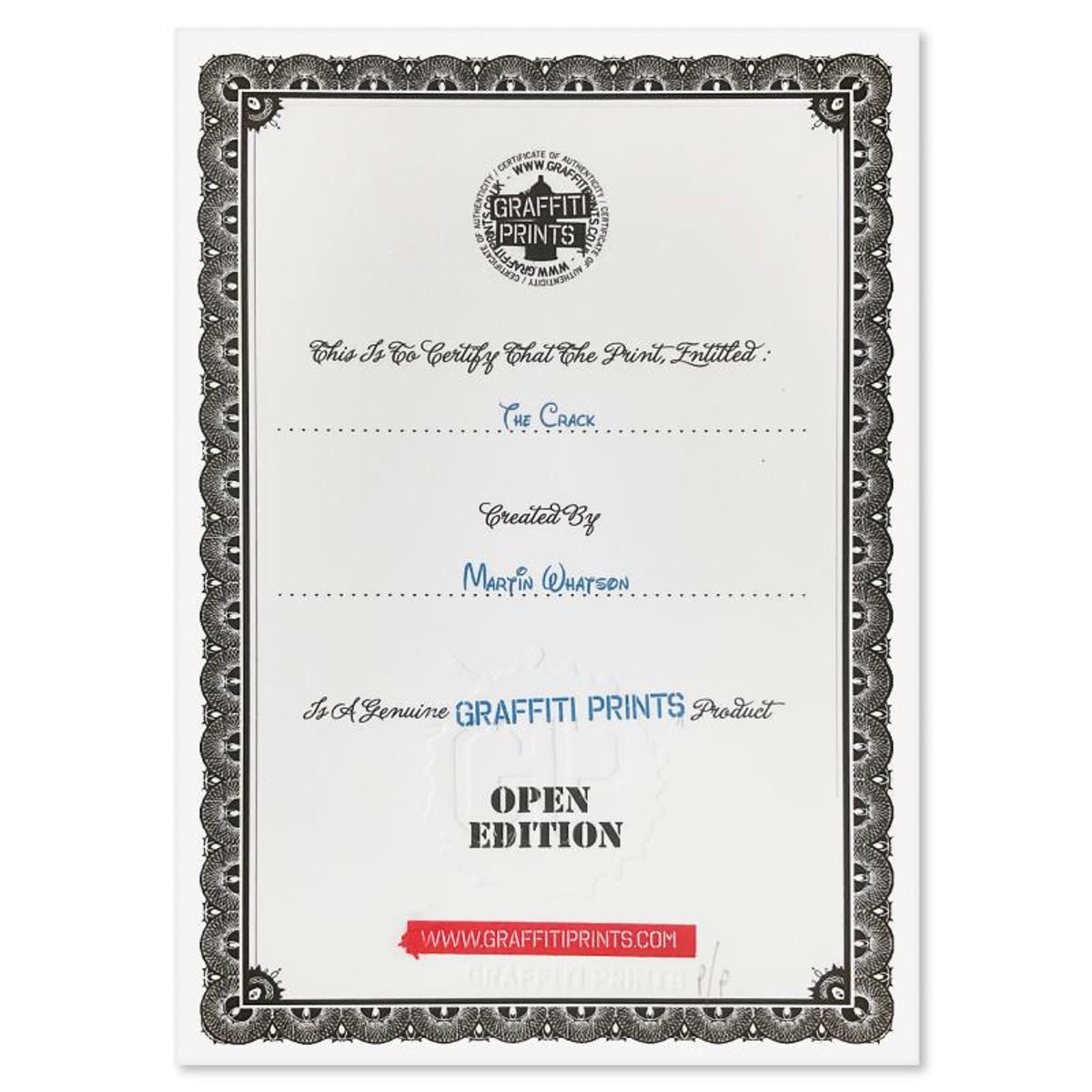 Martin Whatson, "The Crack" Framed PP Silkscreen with Certificate of Authenticity.