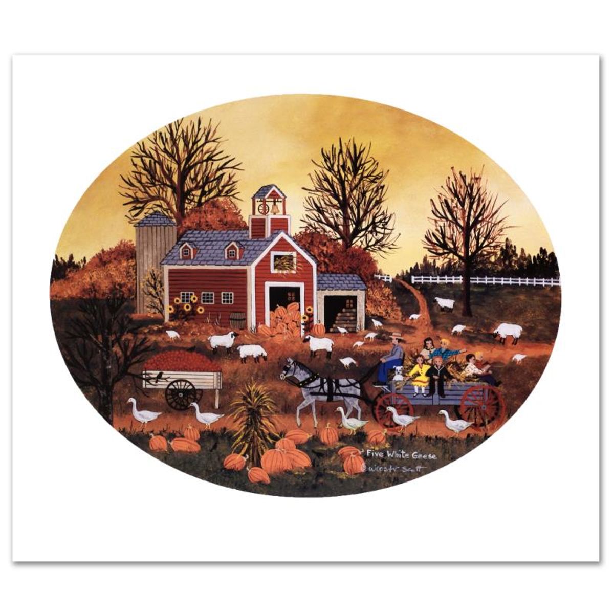 Jane Wooster Scott, "Five White Geese" Hand Signed Limited Edition Lithograph with Letter of Authenticity.