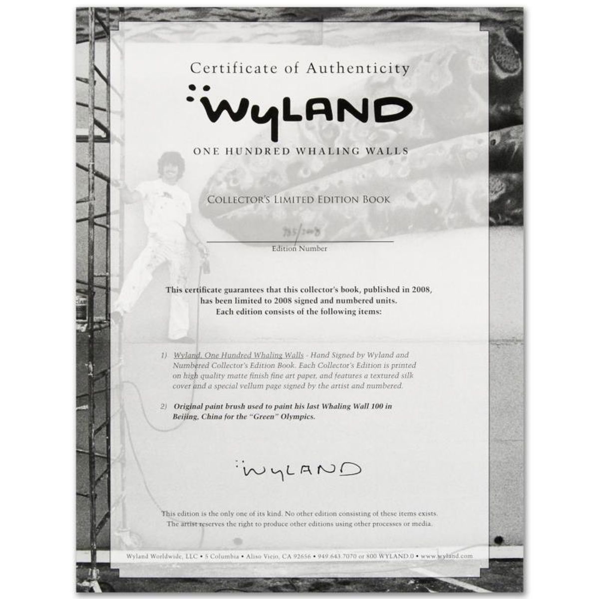 Wyland: 100 Whaling Walls (2008) Limited Edition Collector's Fine Art Book by World-Renowned Artist Wyland. Comes with One of the Actual Paint Brushes Used to Paint The Whaling Wall in Beijin
