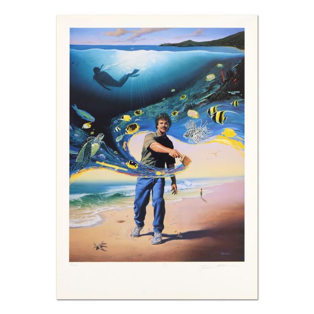 Wyland and Jim Warren, "Another Day At the Office" Limited Edition Lithograph, Numbered and Hand Signed by Jim Warren and Plate Signed by Wyland with Letter of Authenticity.