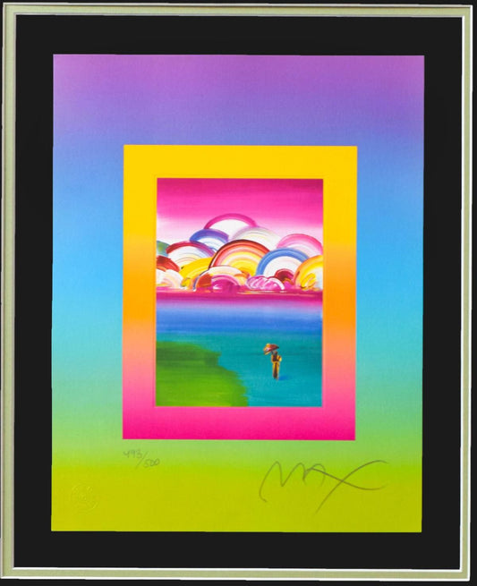 Peter Max- Original Lithograph "UMBRELLA MAN WITH RAIMBOW SKY ON BLENDS"