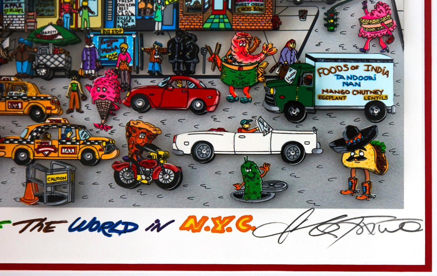 Charles Fazzino- 3D Construction Silkscreen Serigraph "Get A Taste of the World in N.Y.C (Red)"