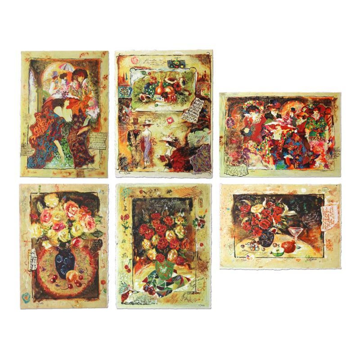 Sergey Kovrigo- Set of 6 Serigraph on Paper "Rendezvous, Friendship, Pleasures, Red Bouquet, Wine and Roses, Sunshine Roses"