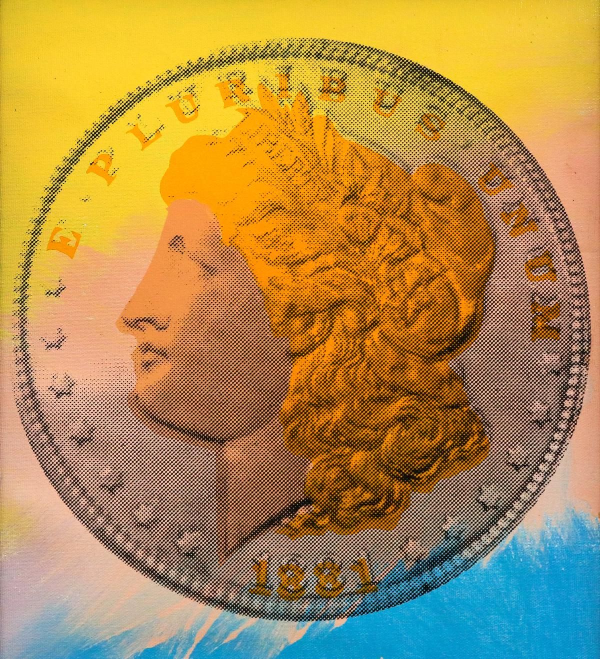 Steve Kaufman (1960-2010)- Hand Pulled silkscreen mixed media on Canvas "1881 Coin"