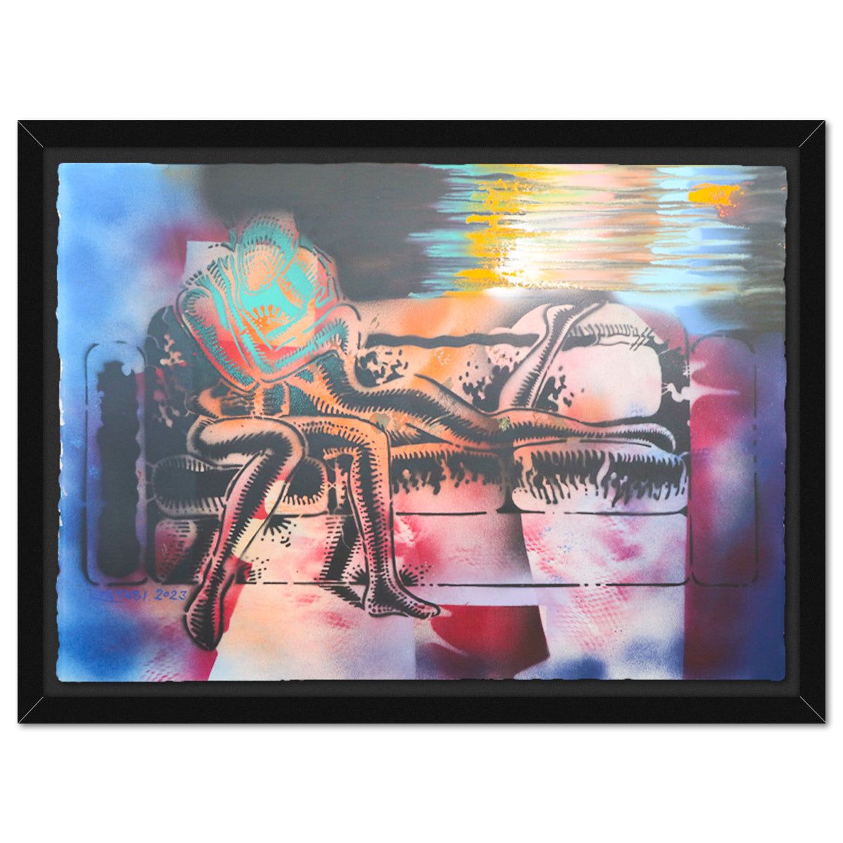 Mark Kostabi- Original Mixed Media on Paper "Chrono Embrace"