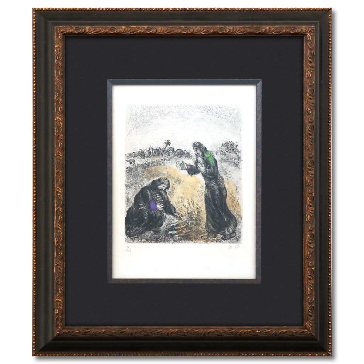 Marc Chagall- Etching with hand colouring on wove Paper "Elijah and the Widow of Sarepta, from La Bible [Cramer Book 30], 1931-39"