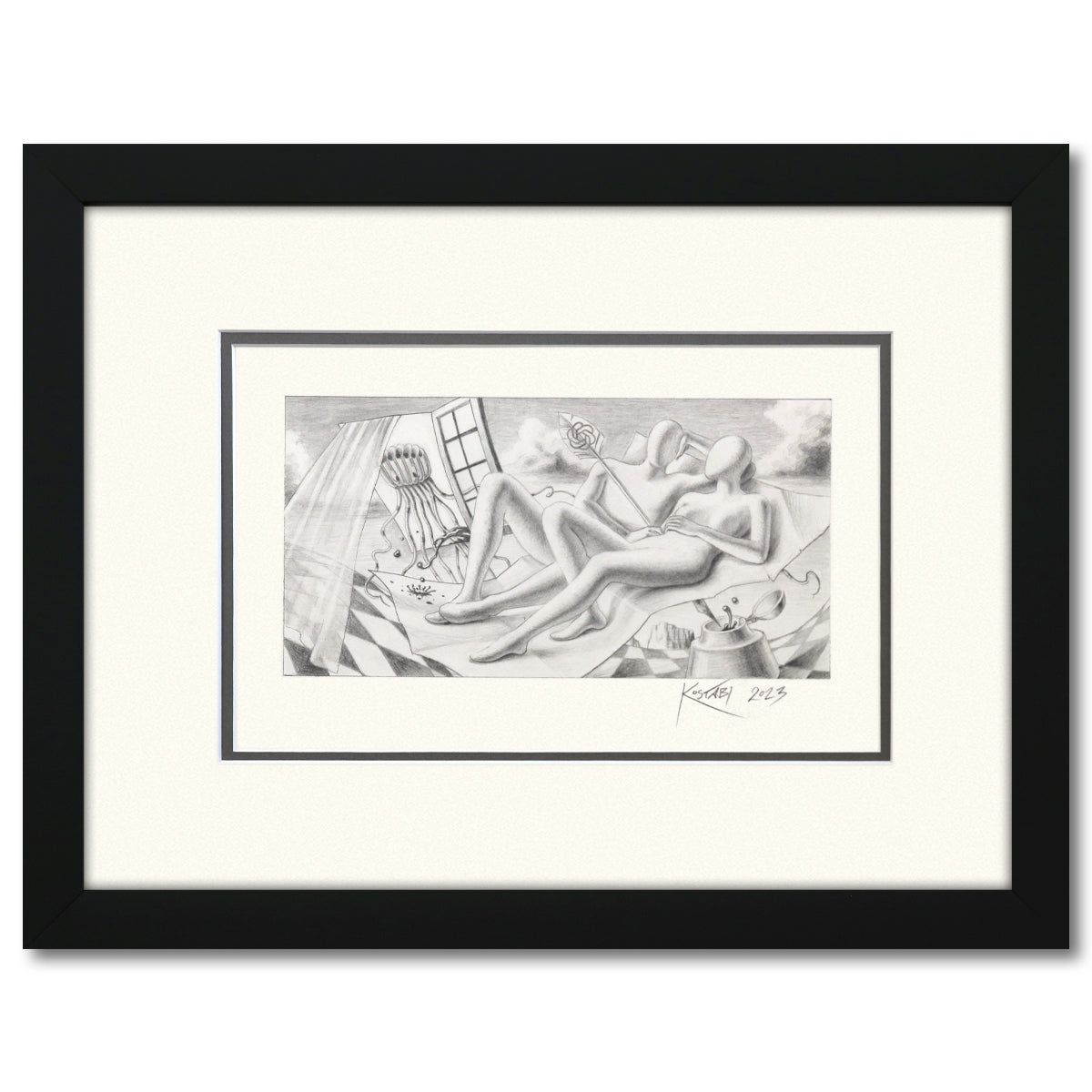 Mark Kostabi- Original Drawing on Paper "Future's AI Romance"