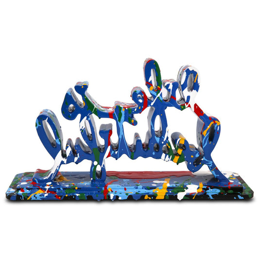 Mr Brainwash- Acrylic Dipped and Splashed Cast Resin Sculpture in Plexiglass Enclosure "Life Is Beautiful - Dipped Dark Blue Splash, 2020"