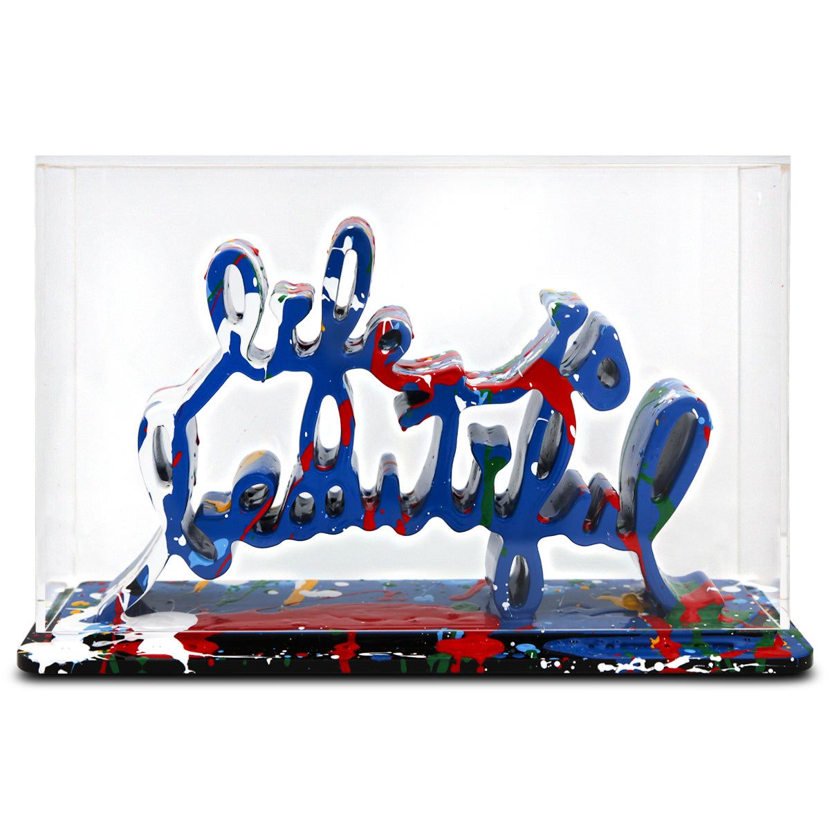 Mr Brainwash- Acrylic Dipped and Splashed Cast Resin Sculpture in Plexiglass Enclosure "Life Is Beautiful - Dipped Dark Blue Splash, 2020"
