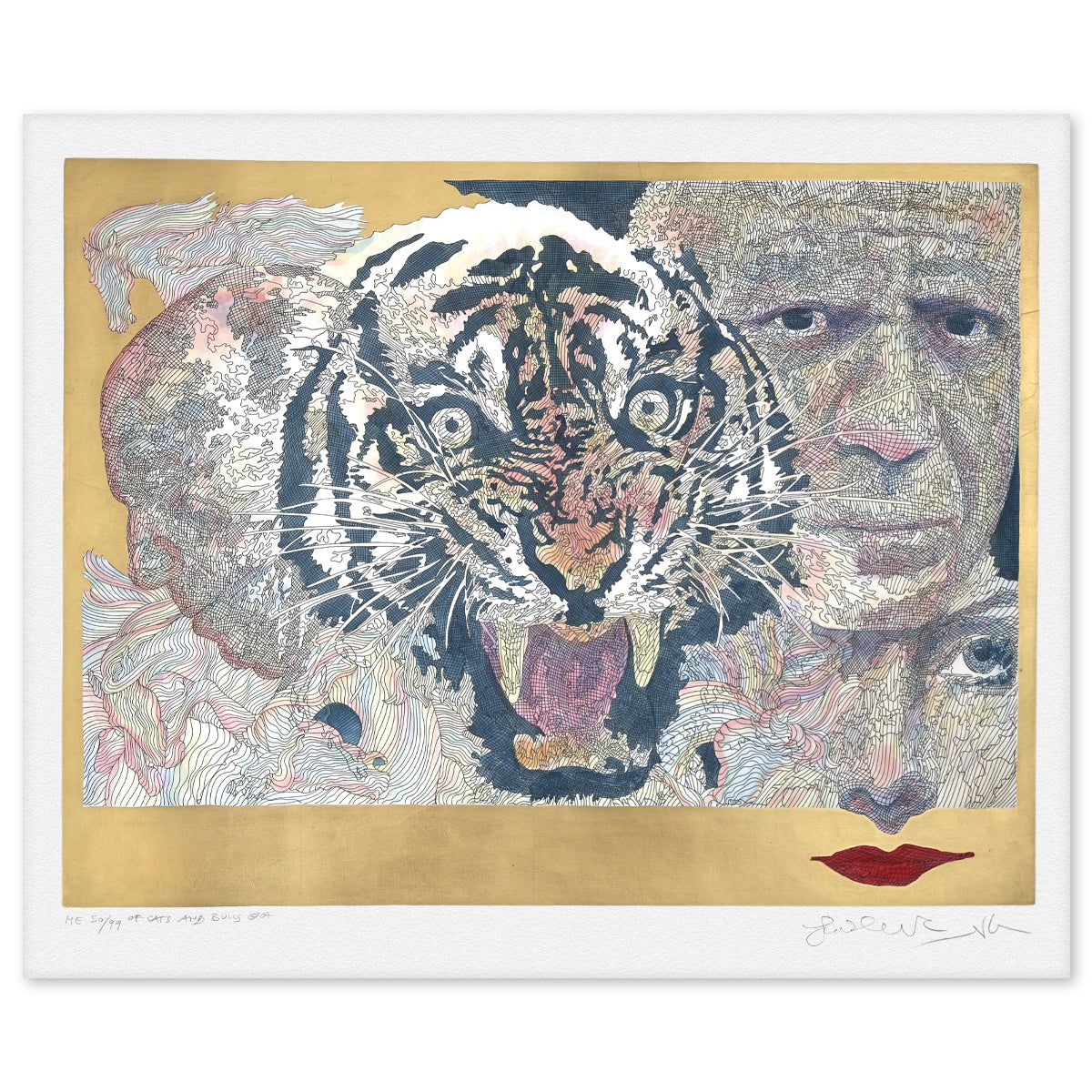 Guillaume Azoulay- Hand Watercolored Gold Leaf Etching "Of Cats and Bulls"