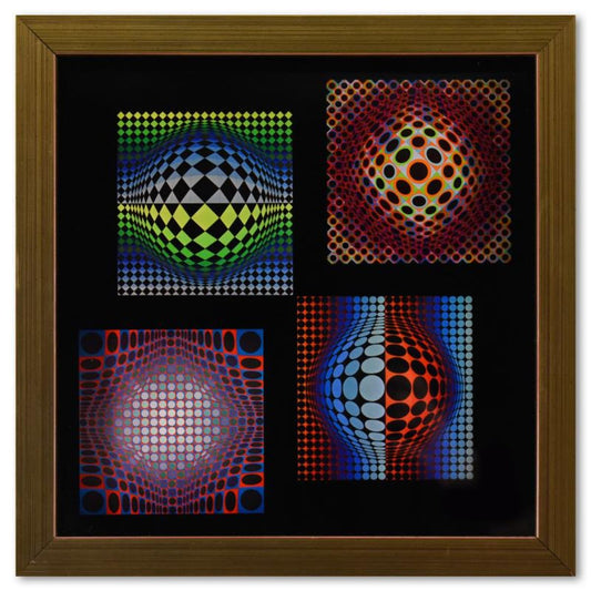 Victor Vasarely (1908-1997), "Vega (Noir, WA-3, WA-2) & Ond - Fire de la serie Vega" Framed 1971 Heliogravure Print with Letter of Authenticity