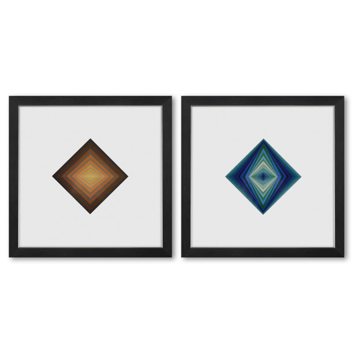Victor Vasarely (1908-1997), "Rhombus - C et Rhombus de la serie Vonal (Diptych)" Framed 1971 Heliogravure Prints with Letter of Authenticity